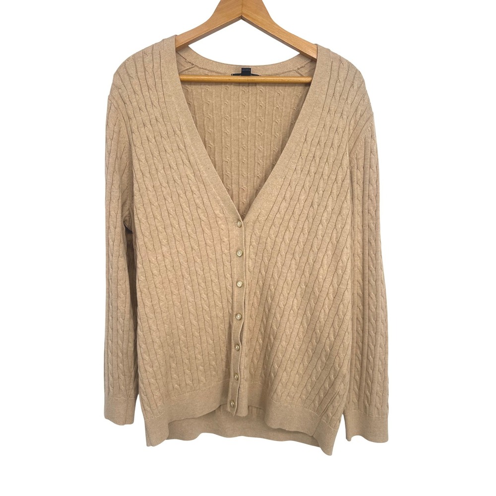 Lands End  Cardigan Women 1X Tan Cable Knit Button Old Money Classic Preppy